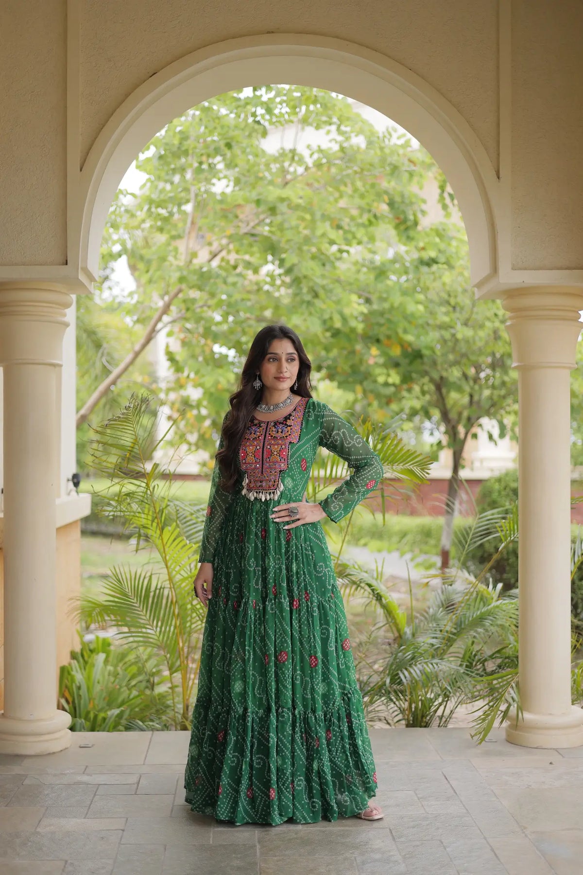 Green Gamthi Work & Printed Navratri Gown
