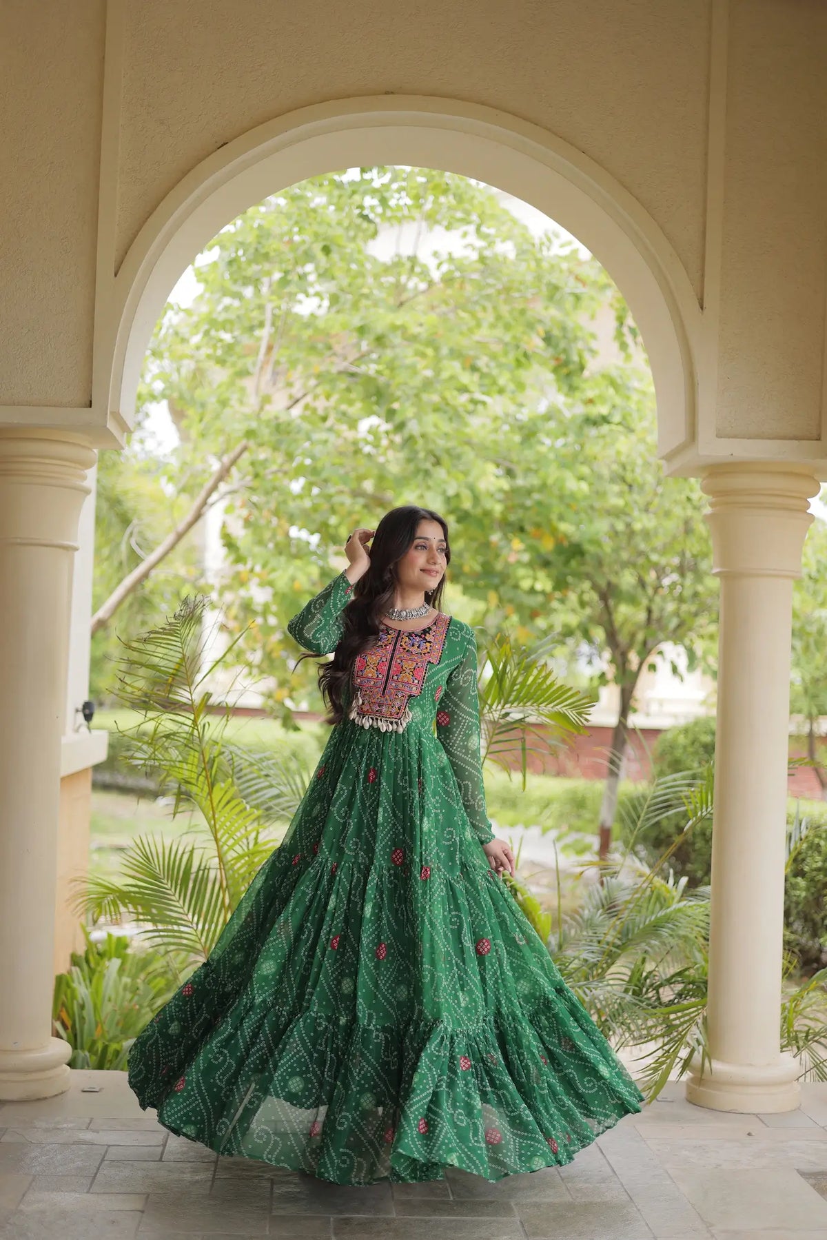 Green Gamthi Work & Printed Navratri Gown