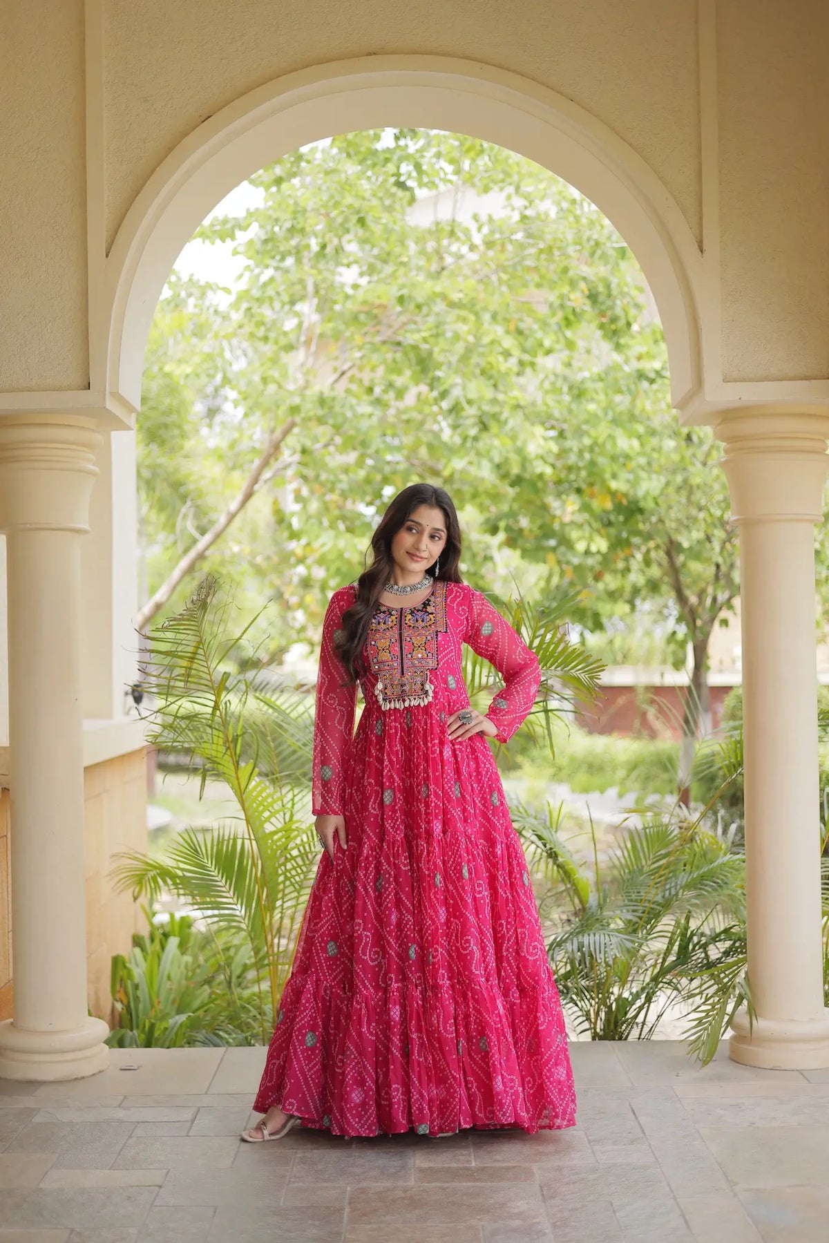 Pink Gamthi Work & Printed Navratri Gown
