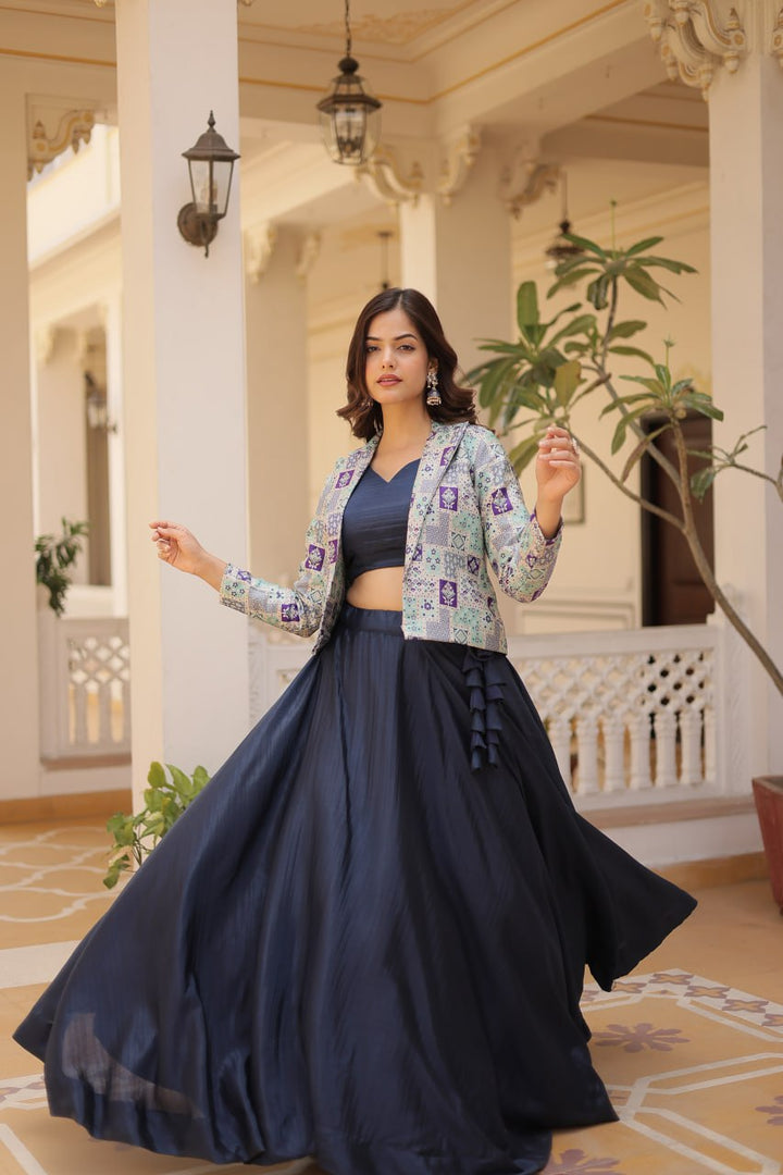 Blue Georgette Plain With Sequins and Thread Embroidery Work