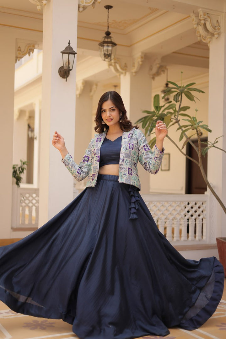 Blue Georgette Plain With Sequins and Thread Embroidery Work