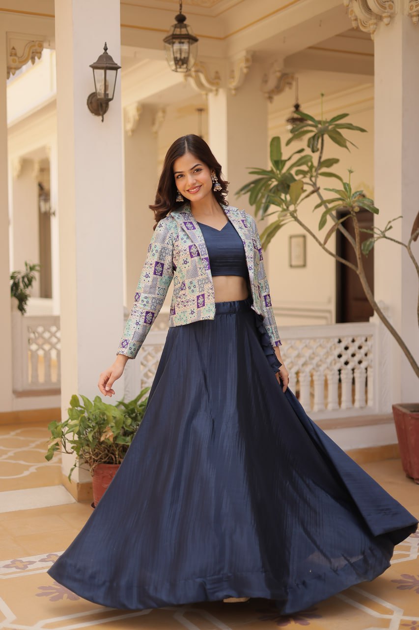 Blue Georgette Plain With Sequins and Thread Embroidery Work