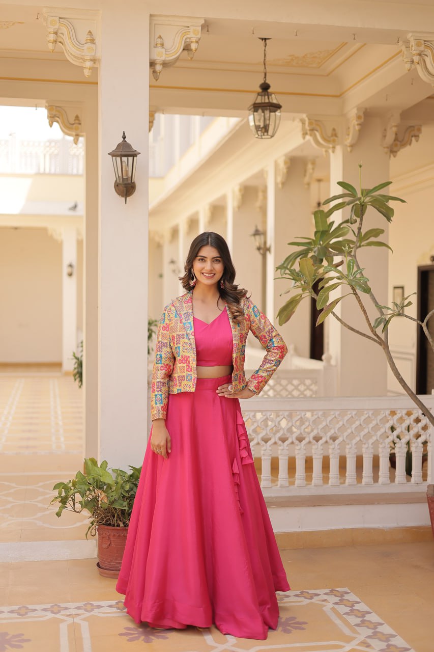 Beautiful pink georgette dress with sequins and thread work on a hanger