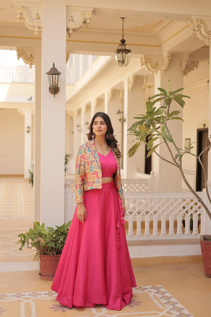 Pink Georgette Plain With Sequins and Thread Embroidery Work