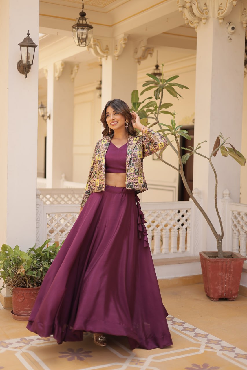 Wine Georgette Plain With Sequins and Thread Embroidery Work