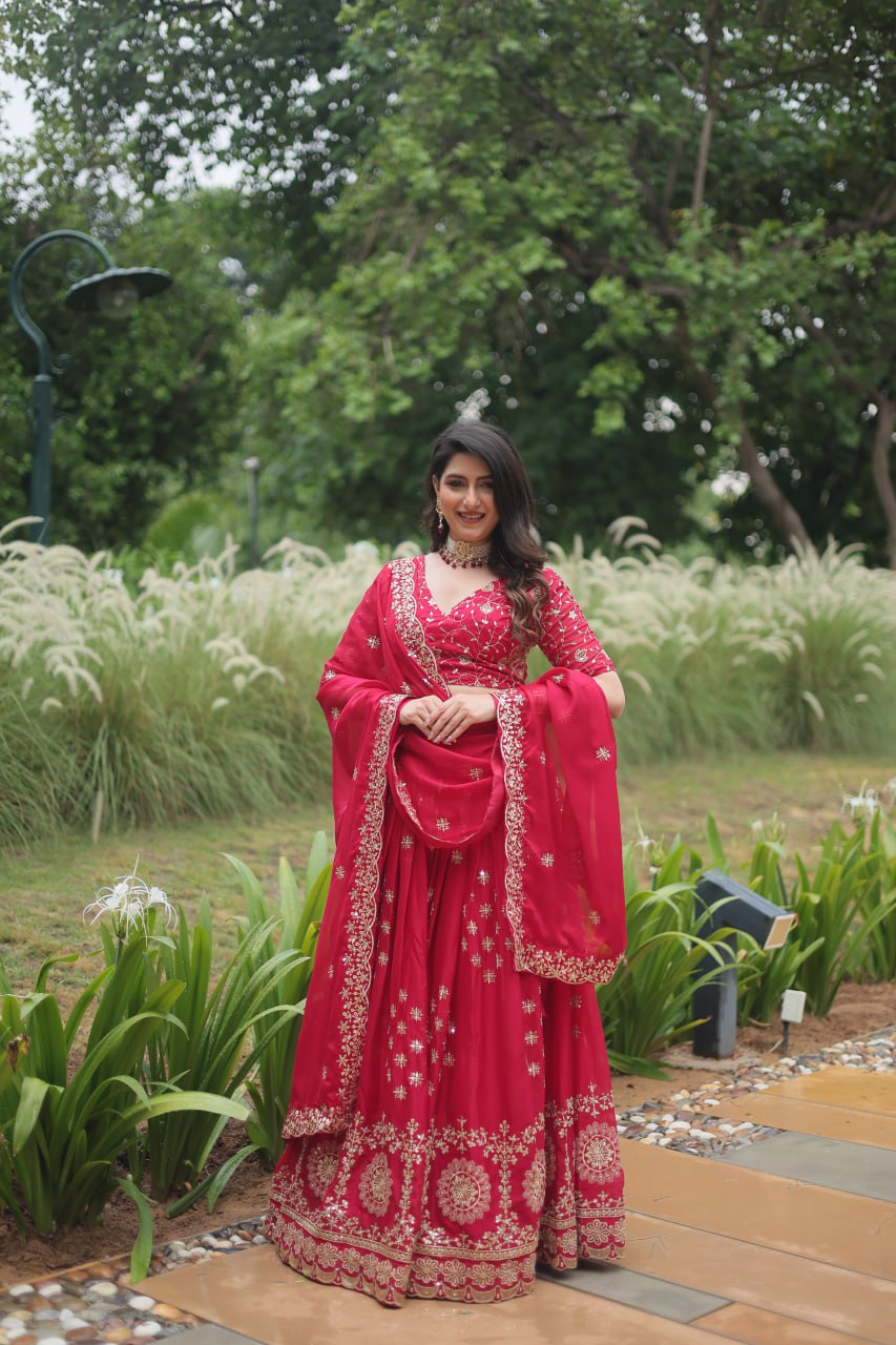 Red Color Rangoli Silk With Heavy Sequins & Thread Embroidered work Lehenga