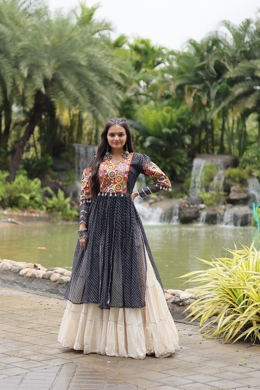 Black Color Kora Cotton with Standard Frill stitching Lehenga