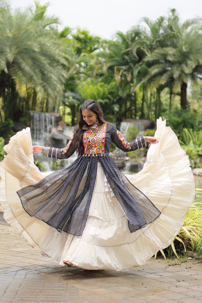 Black Color Kora Cotton with Standard Frill stitching Lehenga