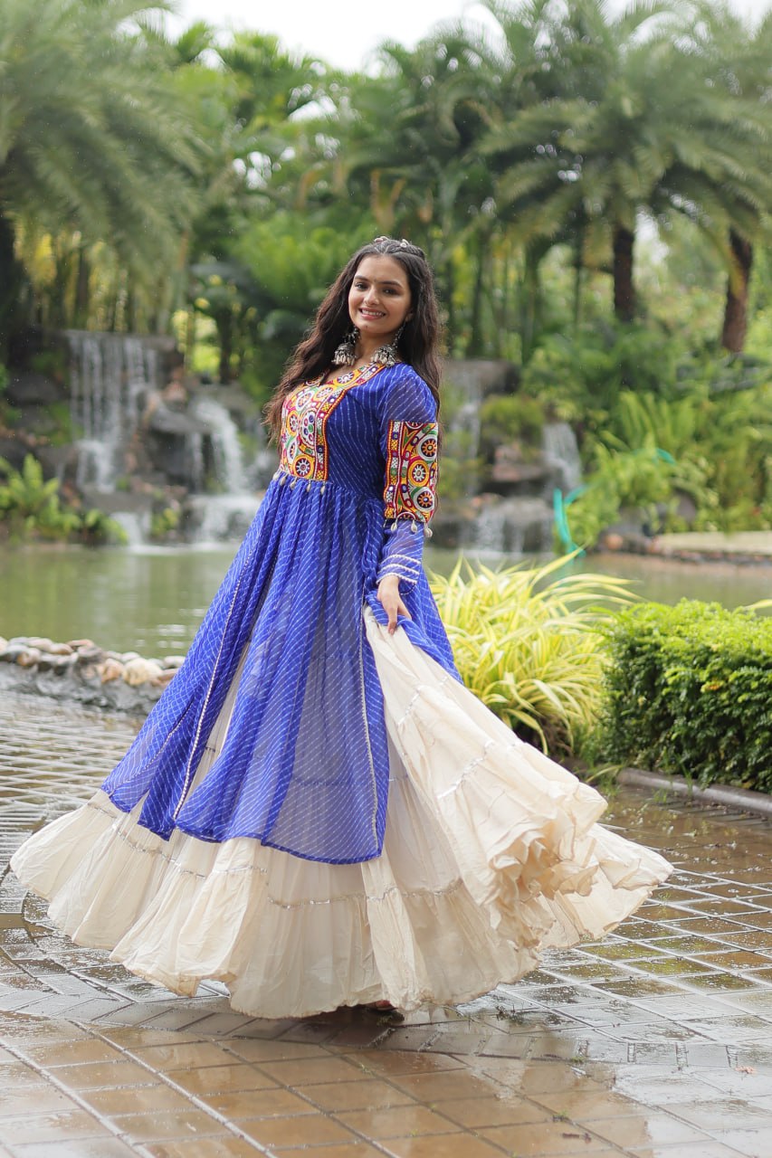 Blue Color Kora Cotton with Standard Frill stitching Lehenga