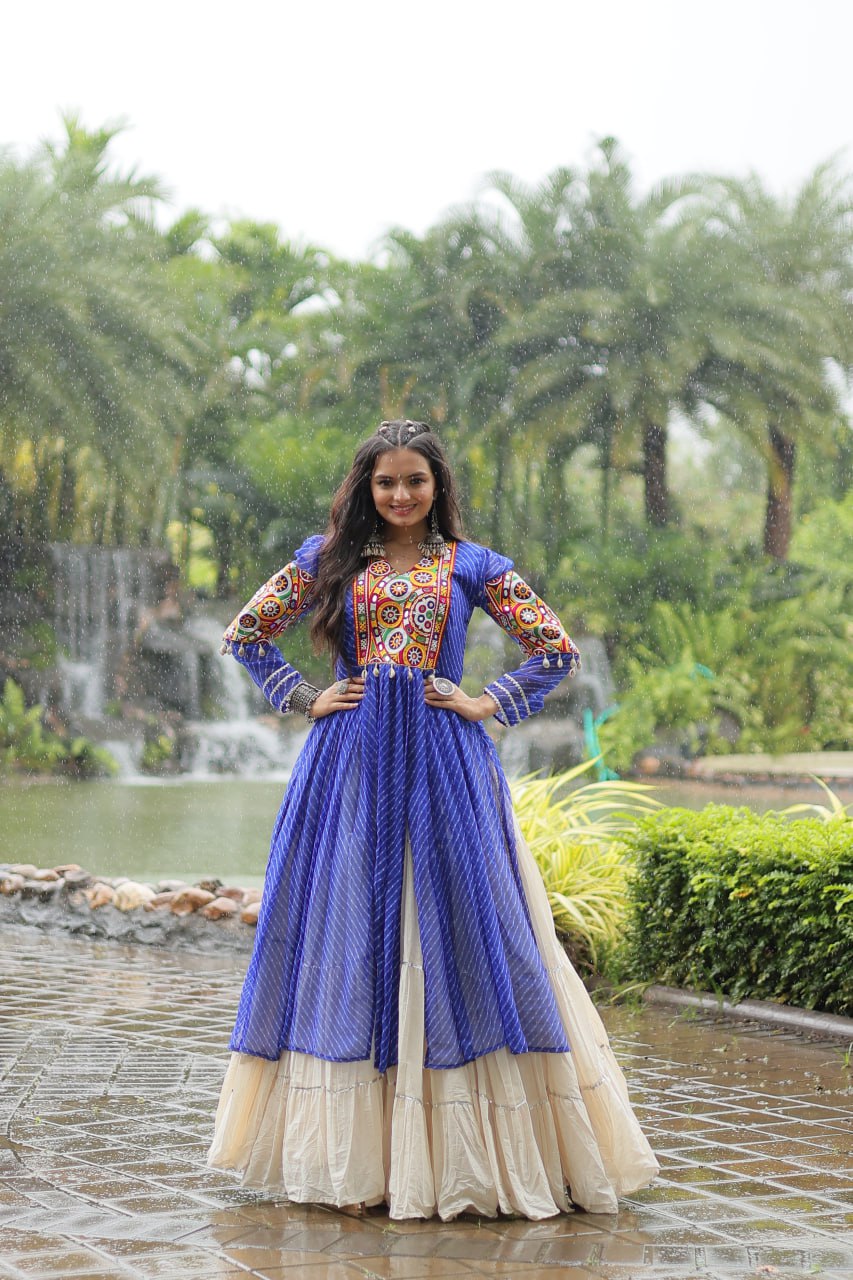 Blue Color Kora Cotton with Standard Frill stitching Lehenga