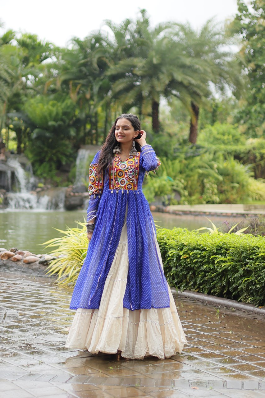 Blue Color Kora Cotton with Standard Frill stitching Lehenga