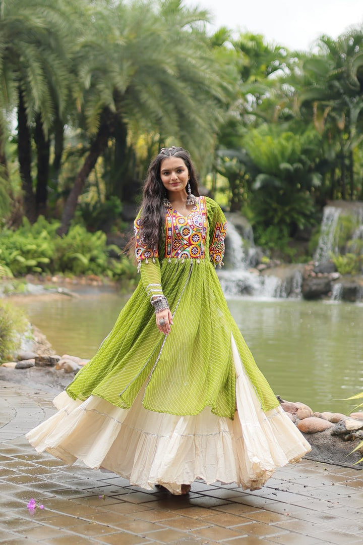 Green Color Kora Cotton with Standard Frill stitching Lehenga