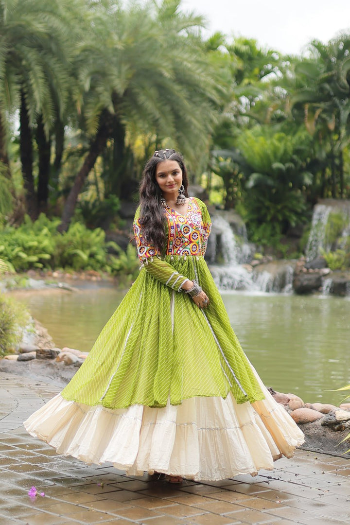 Green Color Kora Cotton with Standard Frill stitching Lehenga