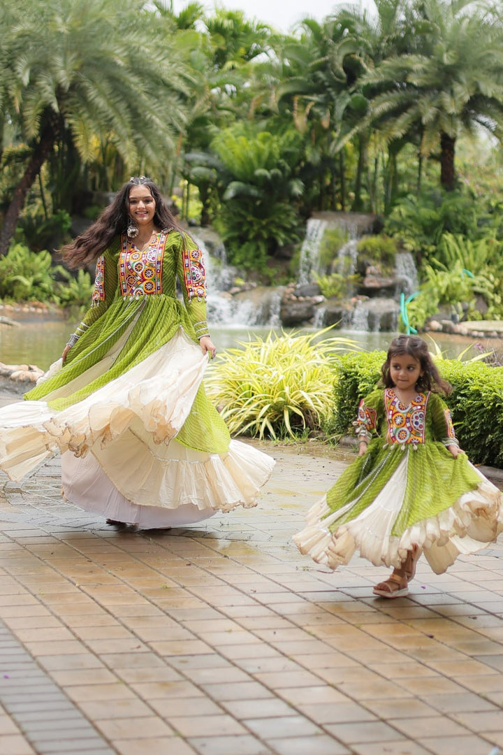 Green Color Kora Cotton with Standard Frill stitching Lehenga