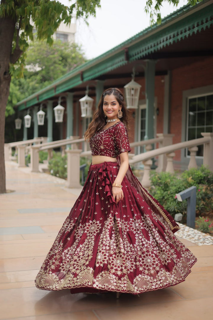 Maroon Rangoli Silk With Heavy Sequins & Thread Embroidered Work Lehenga