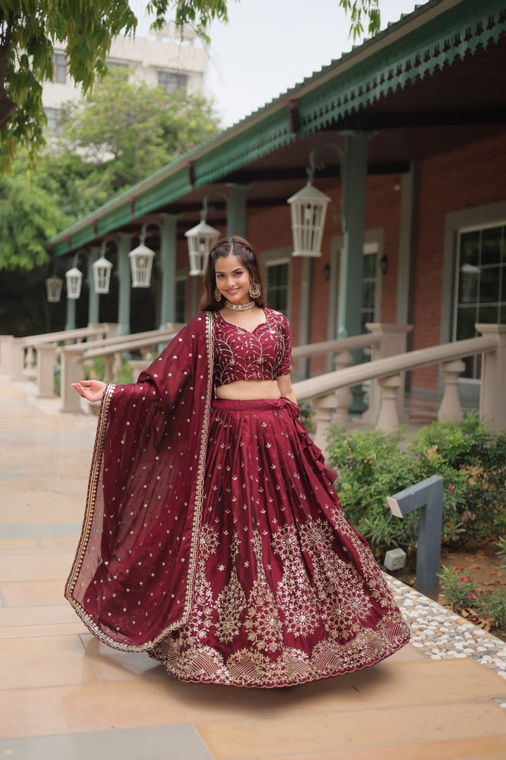 Maroon Rangoli Silk With Heavy Sequins & Thread Embroidered Work Lehenga