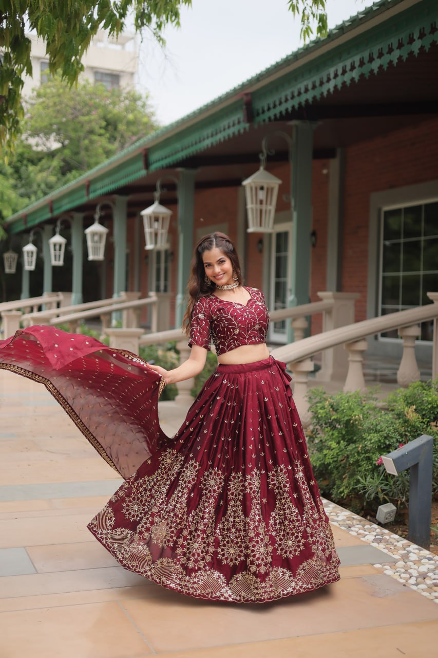 Maroon Rangoli Silk With Heavy Sequins & Thread Embroidered Work Lehenga