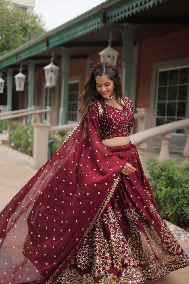 Maroon Rangoli Silk With Heavy Sequins & Thread Embroidered Work Lehenga