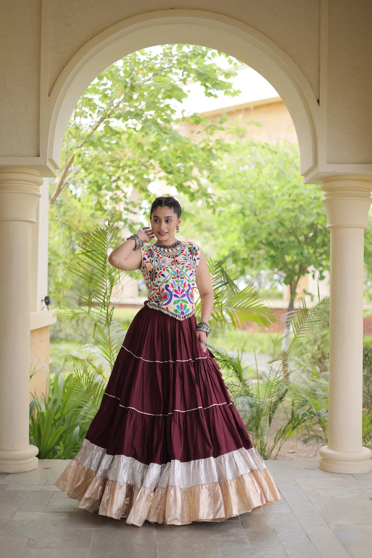 Brown Garba Chaniya Choli With Kutchi Work Blouse