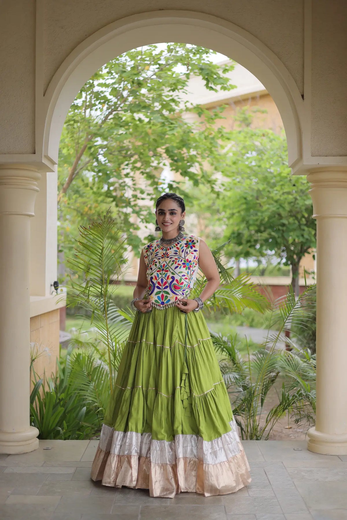 Parrot Green Garba Chaniya Choli With Kutchi Work Blouse