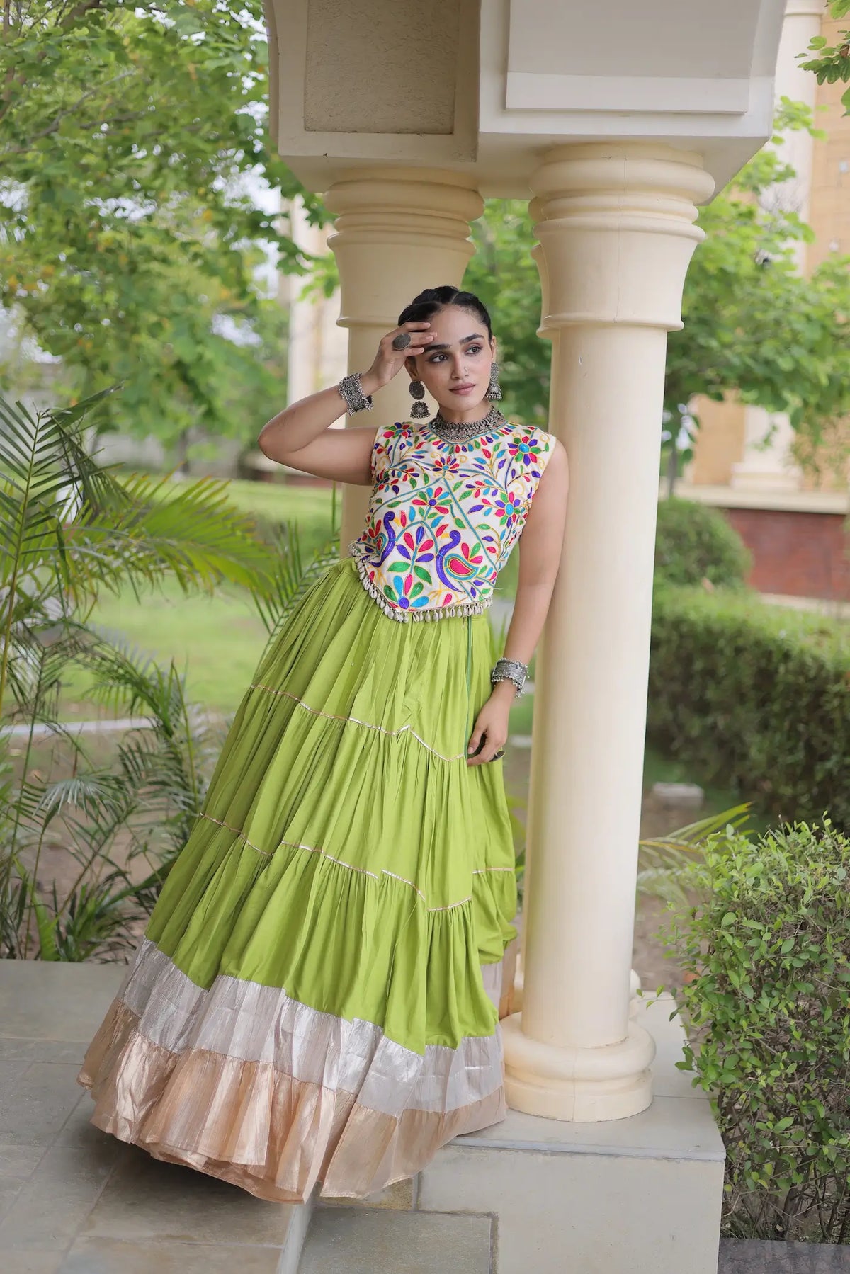 Parrot Green Garba Chaniya Choli With Kutchi Work Blouse