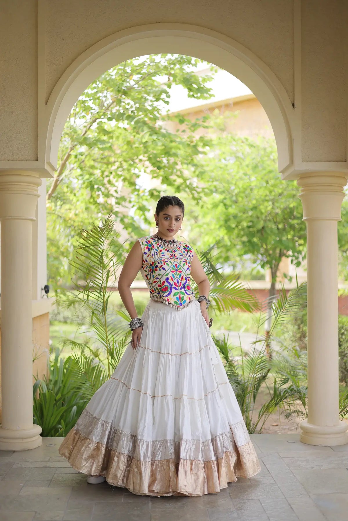 White Garba Chaniya Choli With Kutchi Work Blouse