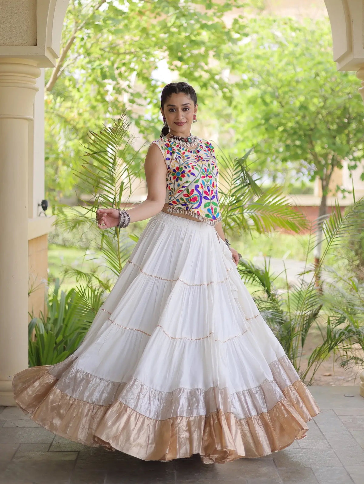 White Garba Chaniya Choli With Kutchi Work Blouse