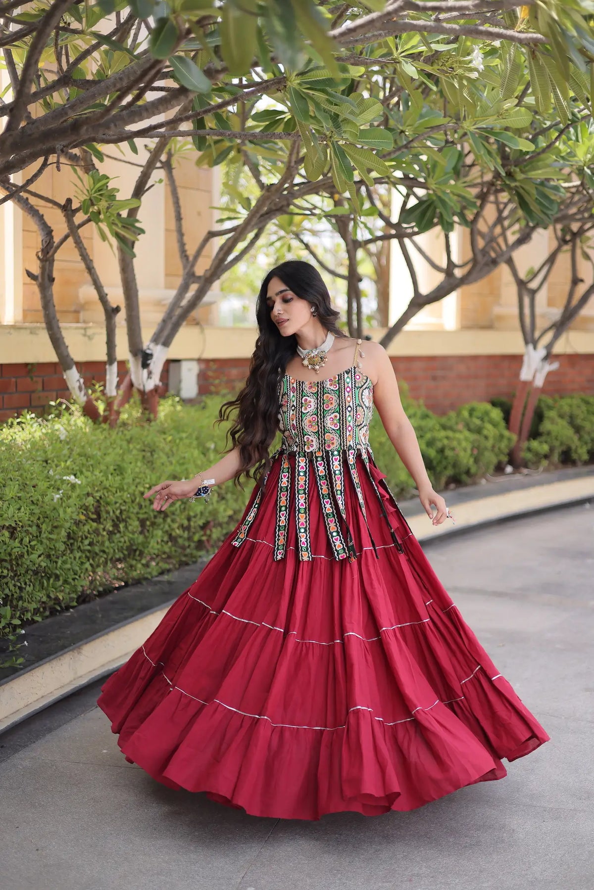 12 Meter Flair | Maroon Kutchi Patch Work Garba Chaniya Choli