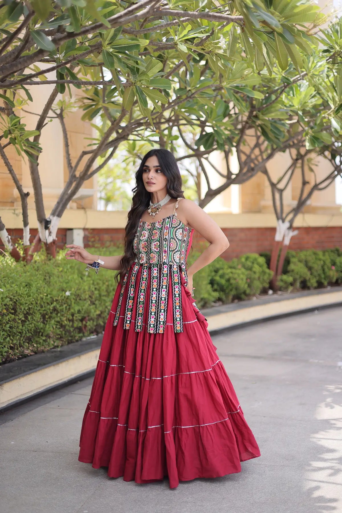 12 Meter Flair | Maroon Kutchi Patch Work Garba Chaniya Choli