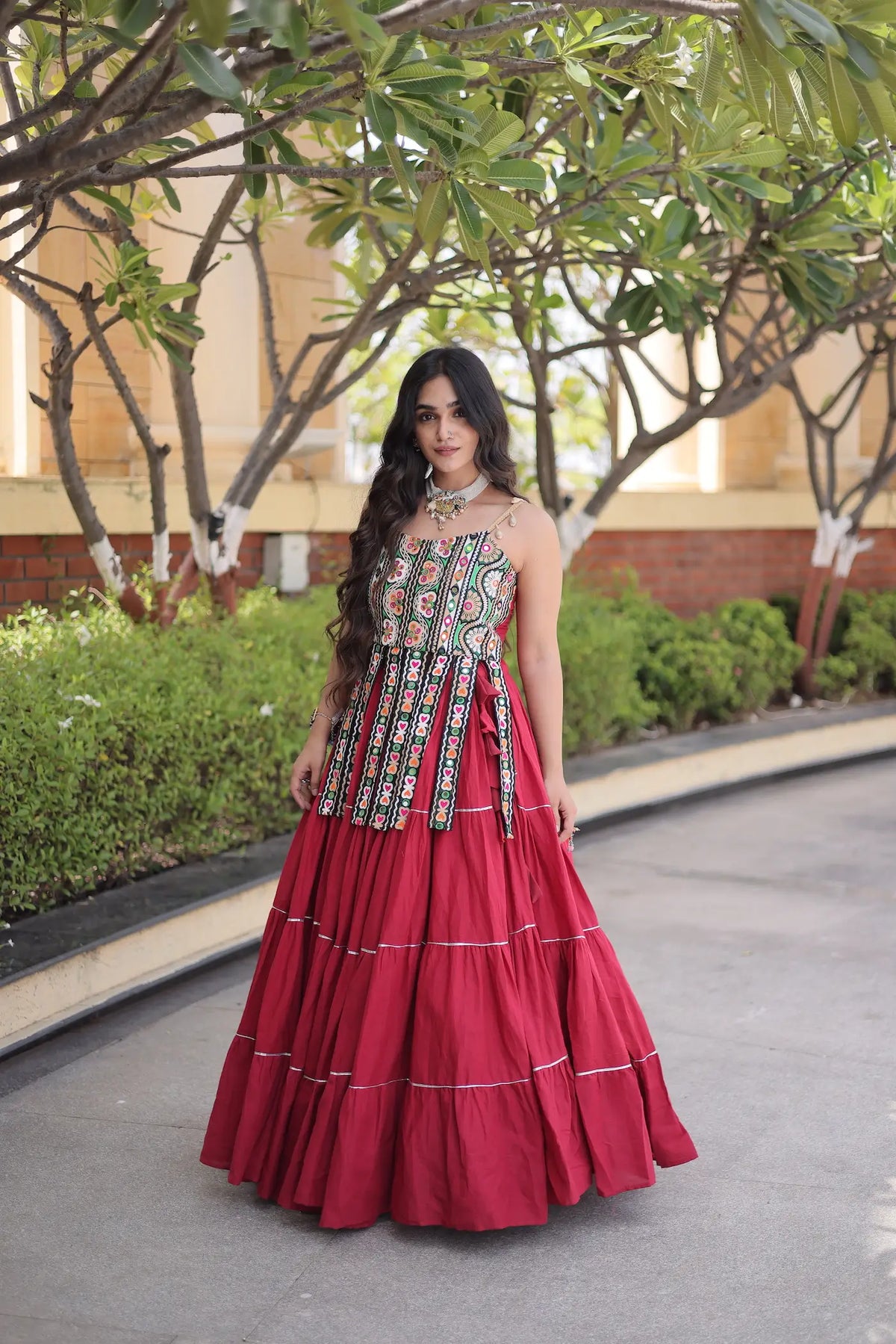 12 Meter Flair | Maroon Kutchi Patch Work Garba Chaniya Choli