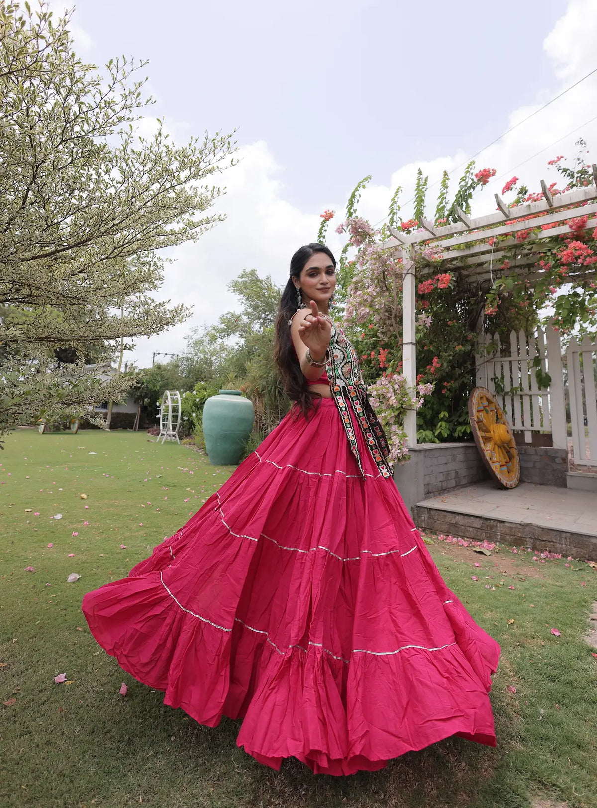 12 Meter Flair | Pink Kutchi Patch Work Garba Chaniya Choli