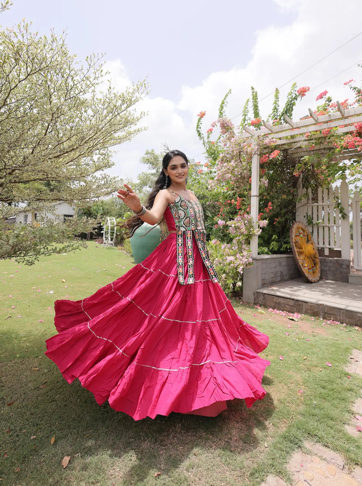 12 Meter Flair | Pink Kutchi Patch Work Garba Chaniya Choli