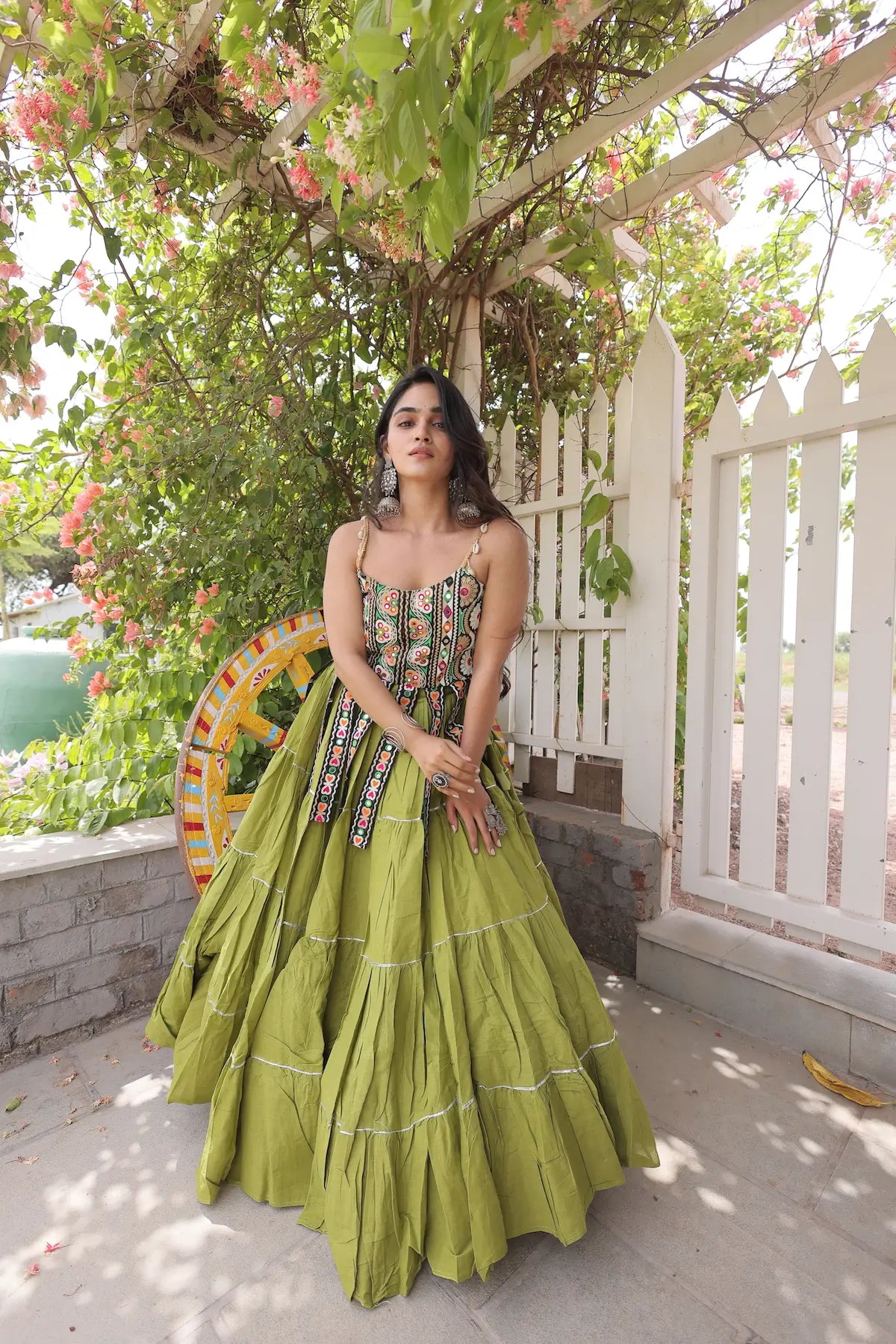 12 Meter Flair | Green Kutchi Patch Work Garba Chaniya Choli