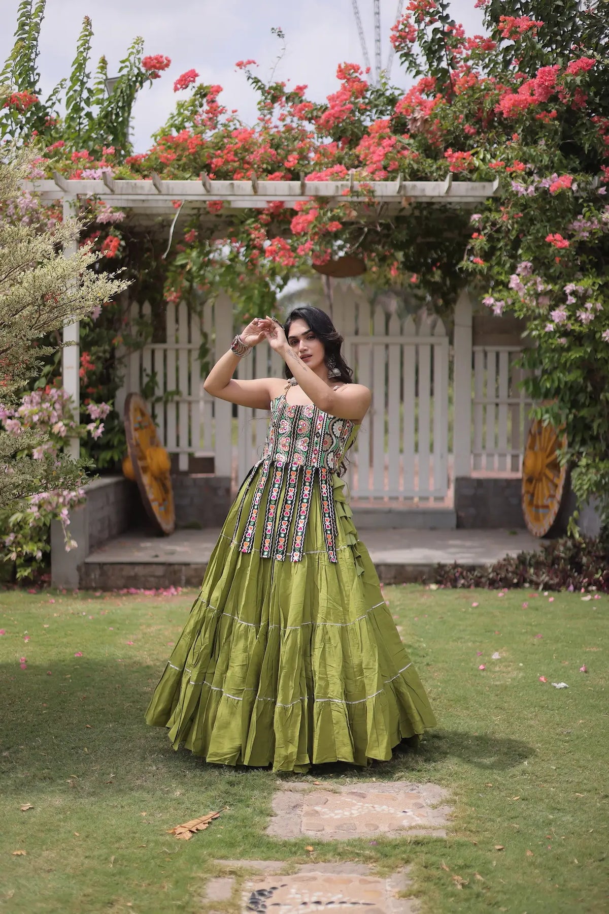 12 Meter Flair | Green Kutchi Patch Work Garba Chaniya Choli