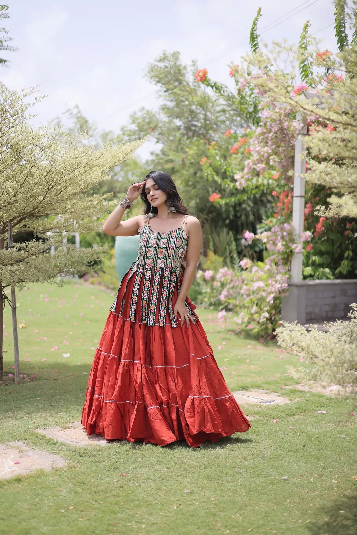 12 Meter Flair | Rust Orange Kutchi Patch Work Garba Chaniya Choli