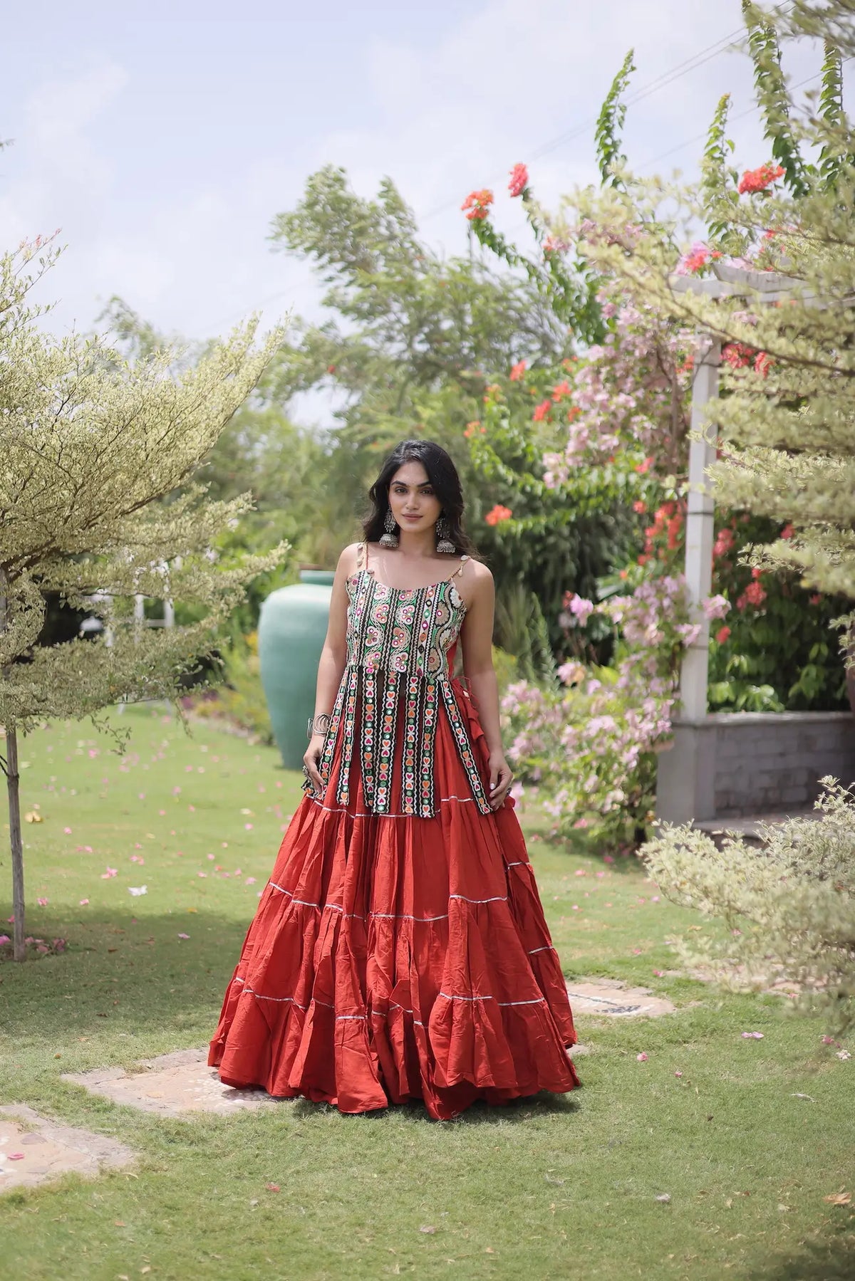 12 Meter Flair | Rust Orange Kutchi Patch Work Garba Chaniya Choli