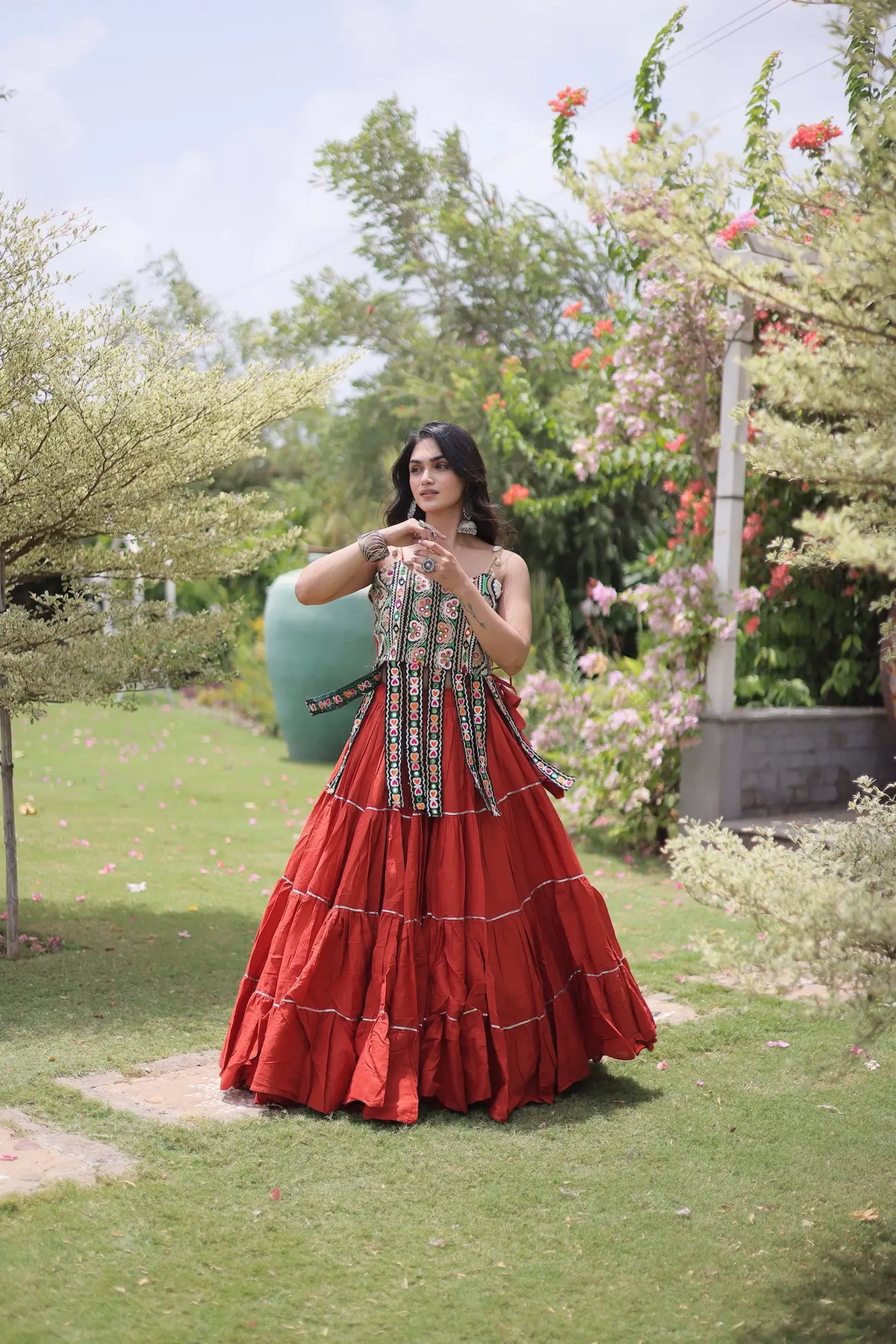 12 Meter Flair | Rust Orange Kutchi Patch Work Garba Chaniya Choli