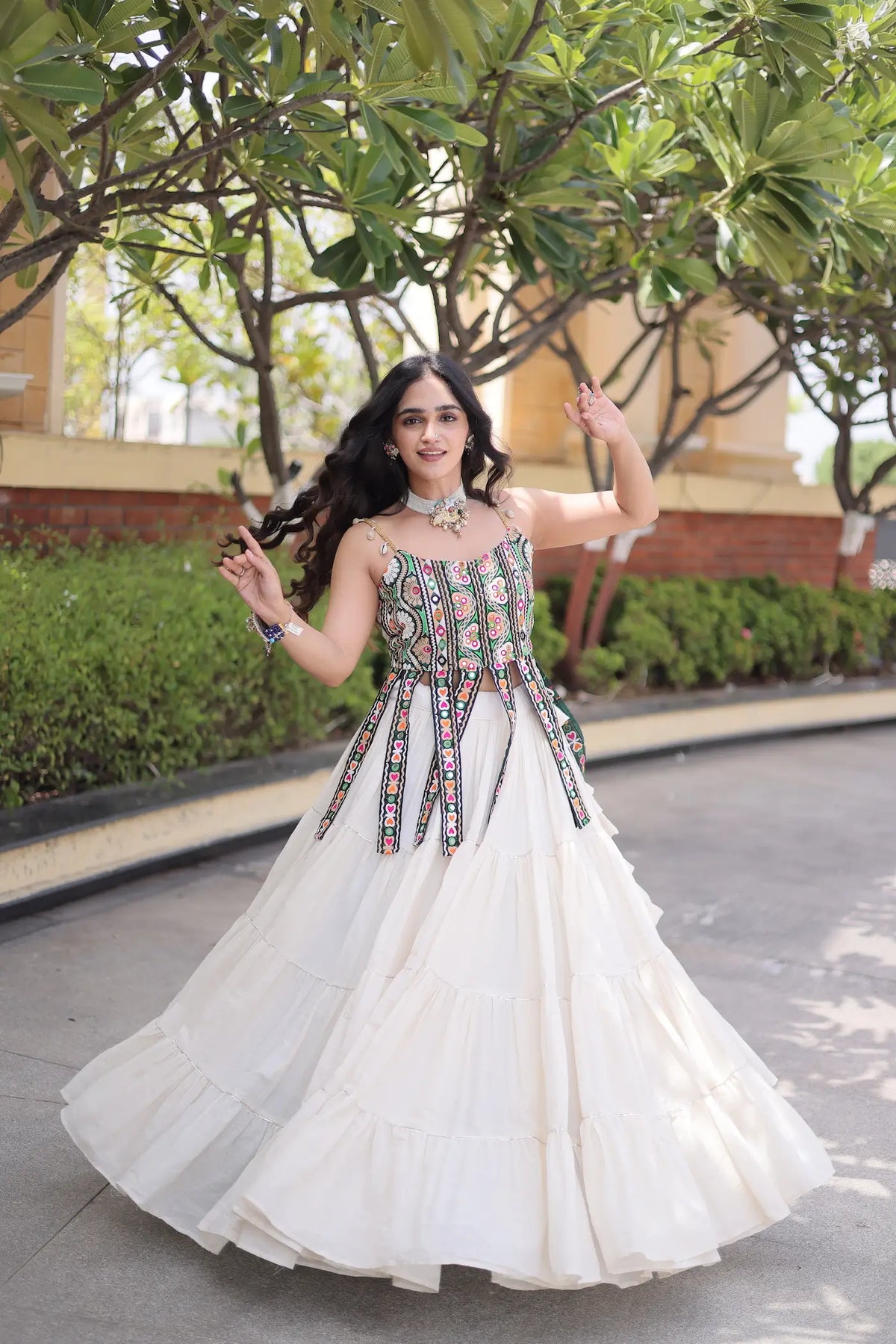 12 Meter Flair | White Kutchi Patch Work Garba Chaniya Choli