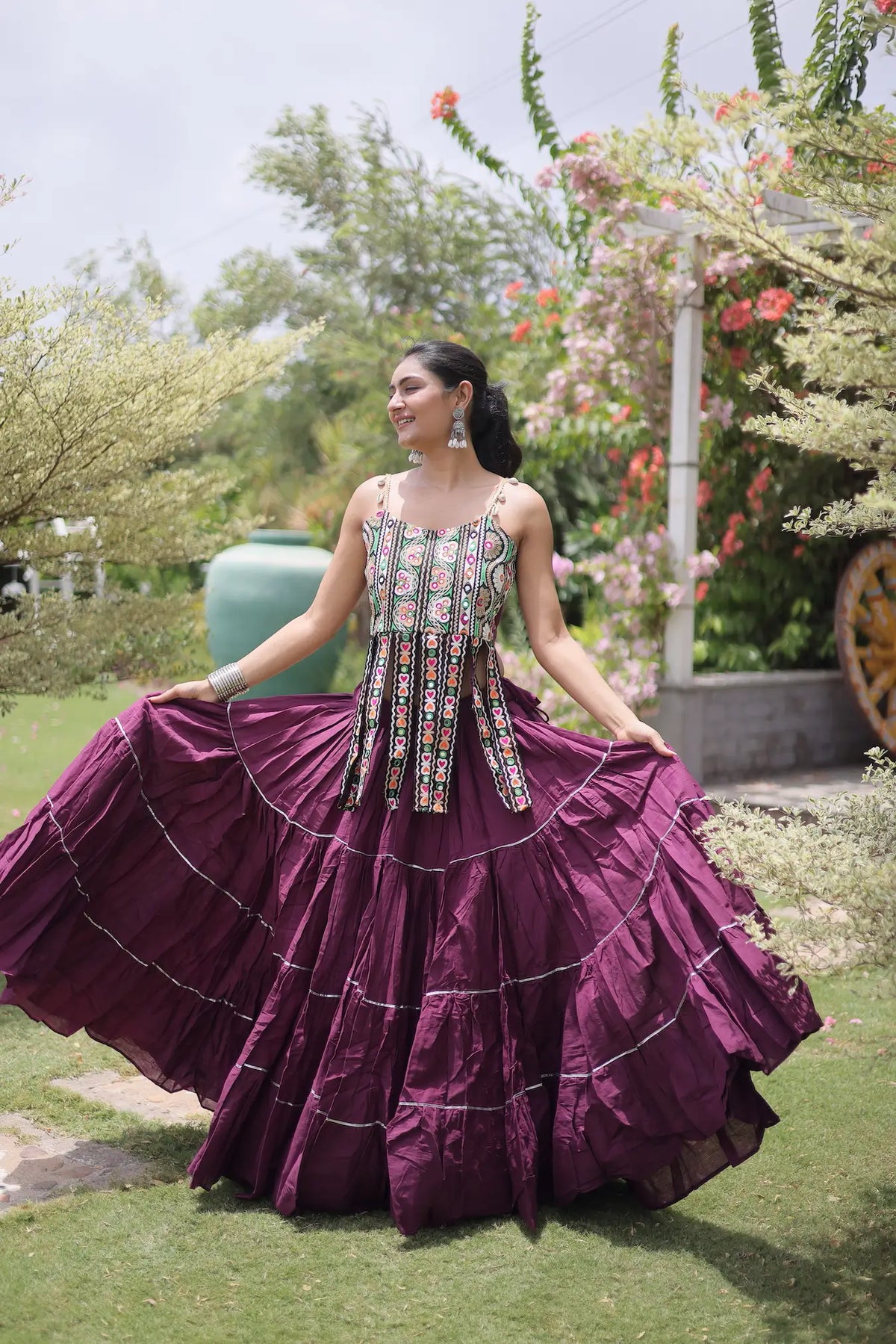 12 Meter Flair | Wine Kutchi Patch Work Garba Chaniya Choli