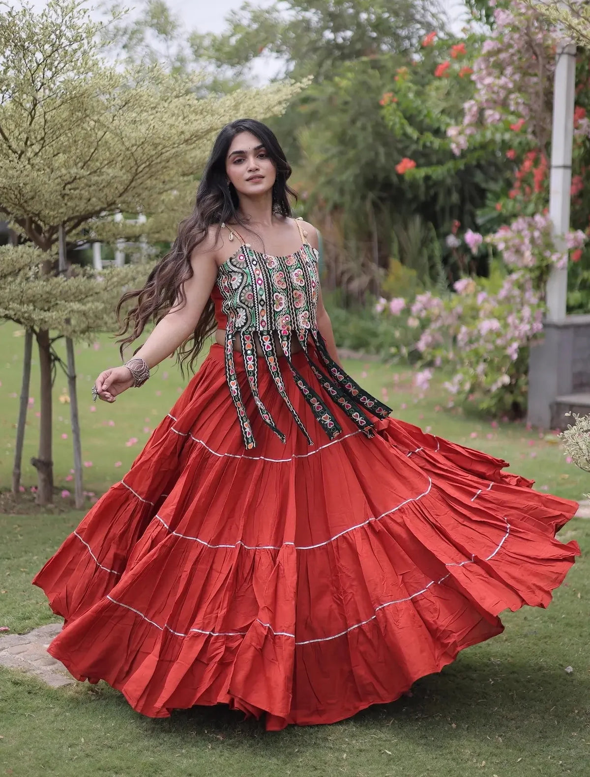 12 Meter Flair | Rust Orange Kutchi Patch Work Garba Chaniya Choli