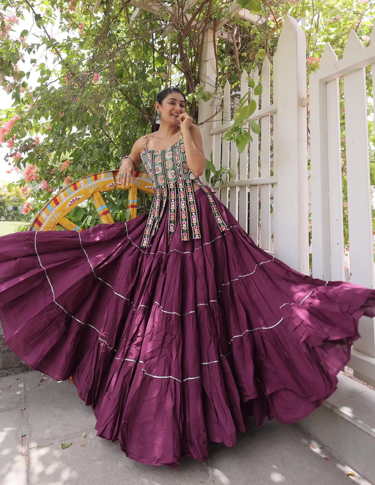 12 Meter Flair | Wine Kutchi Patch Work Garba Chaniya Choli