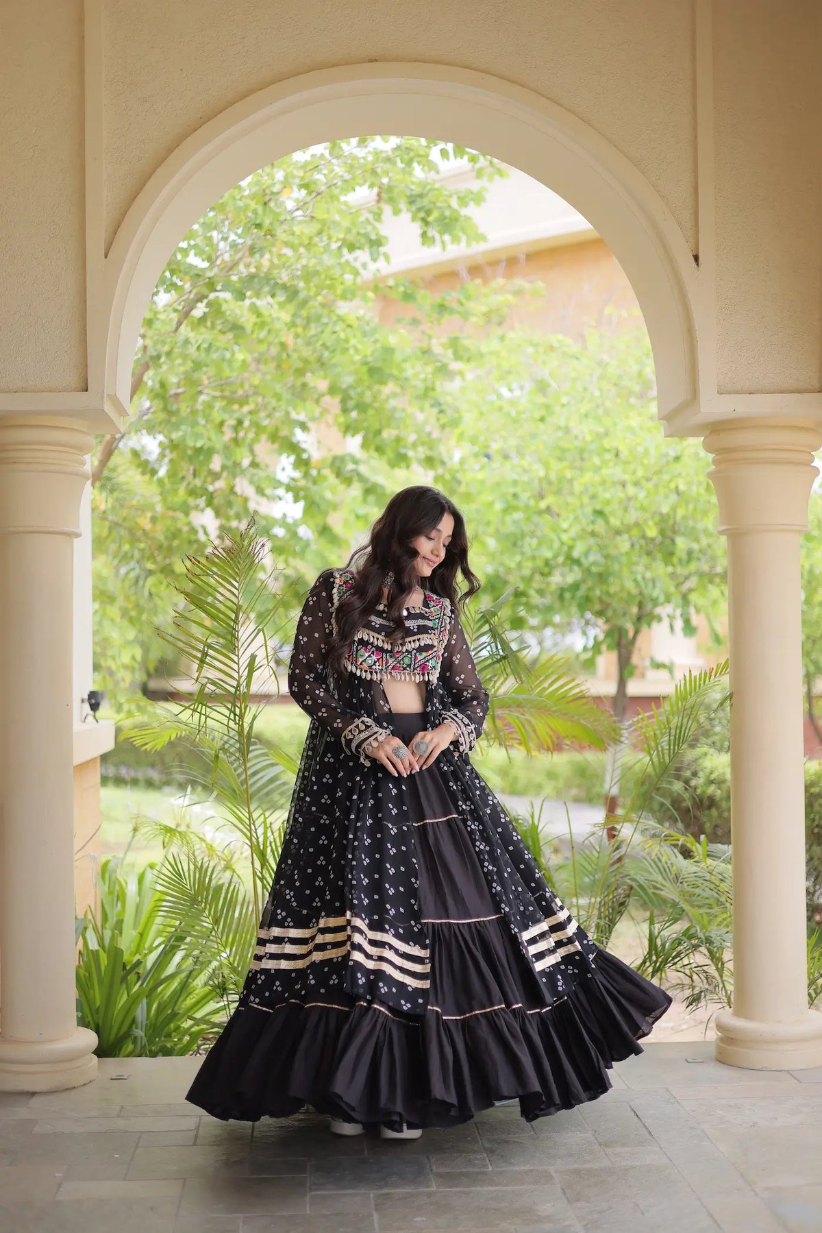 4 Meter Flair | Black Garba Chaniya Choli With Mirror Gamthi Work