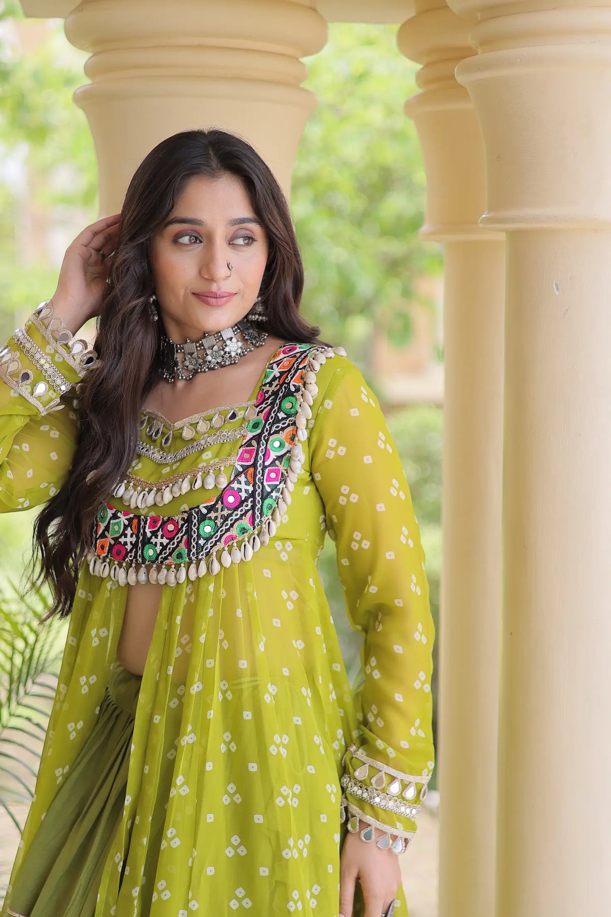 4 Meter Flair | Parrot Green Garba Chaniya Choli With Mirror Gamthi Work