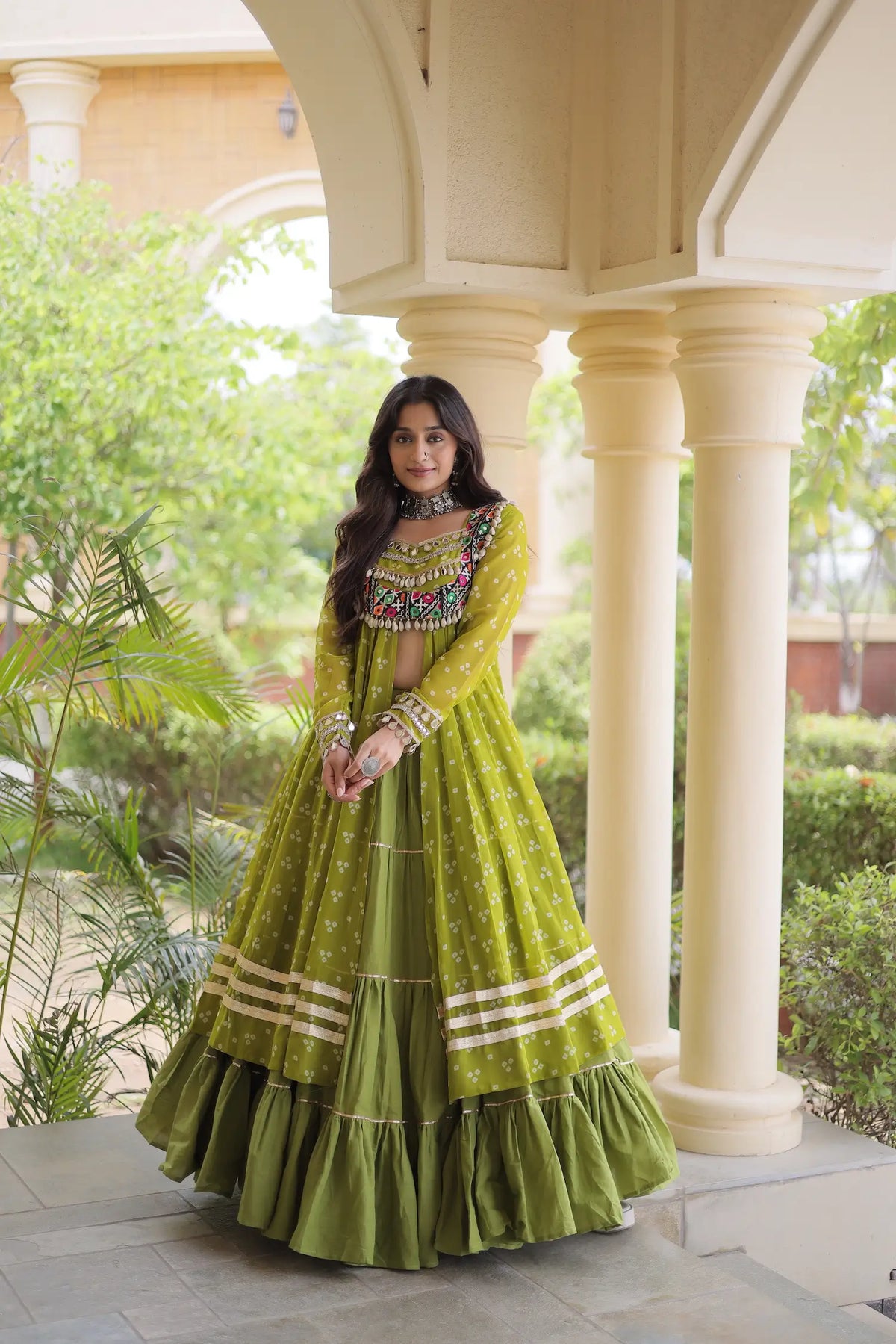 4 Meter Flair | Parrot Green Garba Chaniya Choli With Mirror Gamthi Work