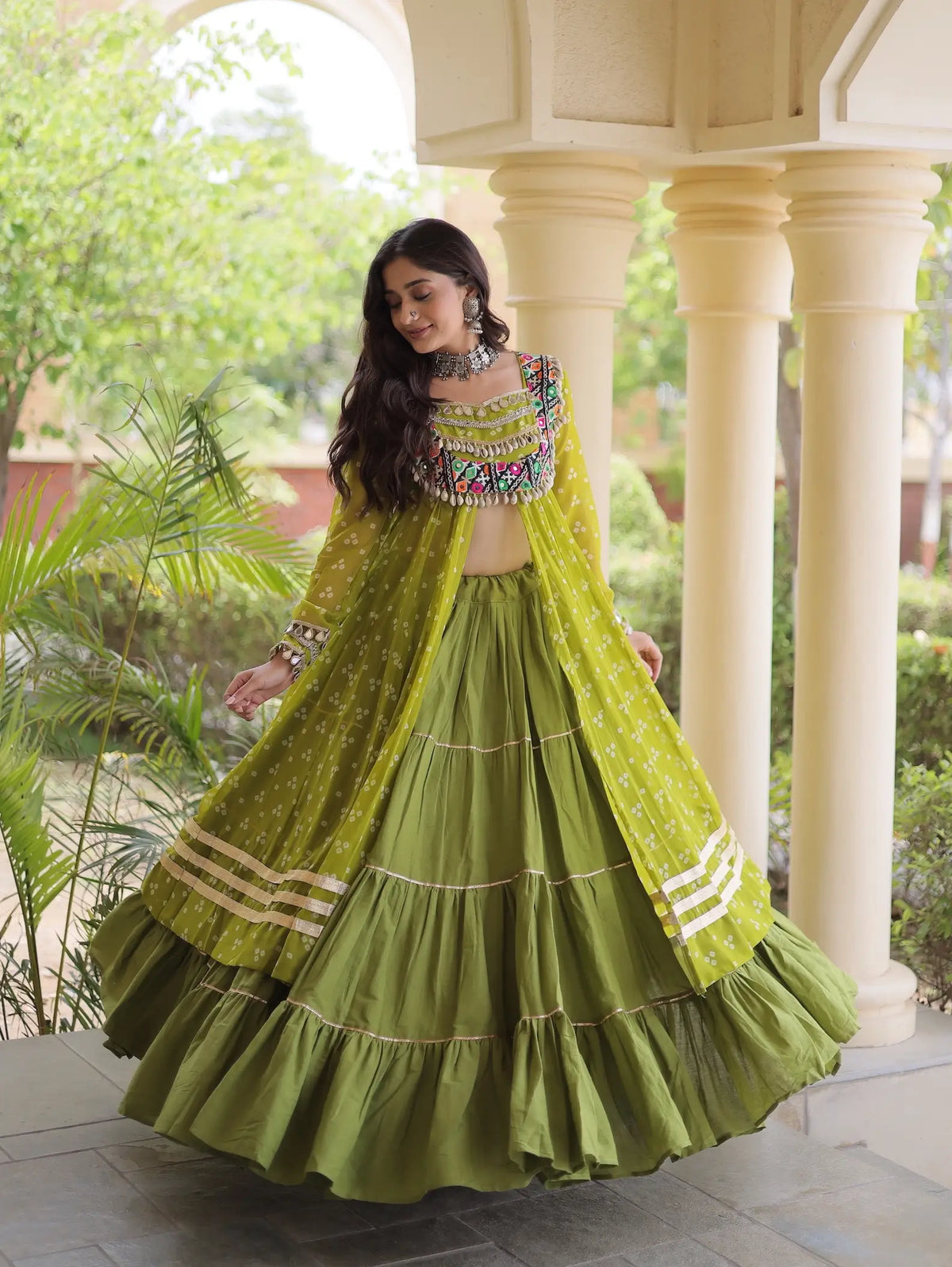 4 Meter Flair | Parrot Green Garba Chaniya Choli With Mirror Gamthi Work
