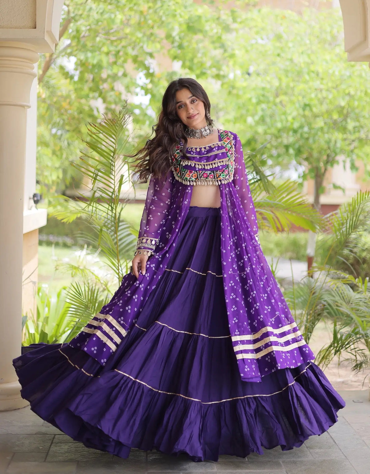 4 Meter Flair | Purple Garba Chaniya Choli With Mirror Gamthi Work