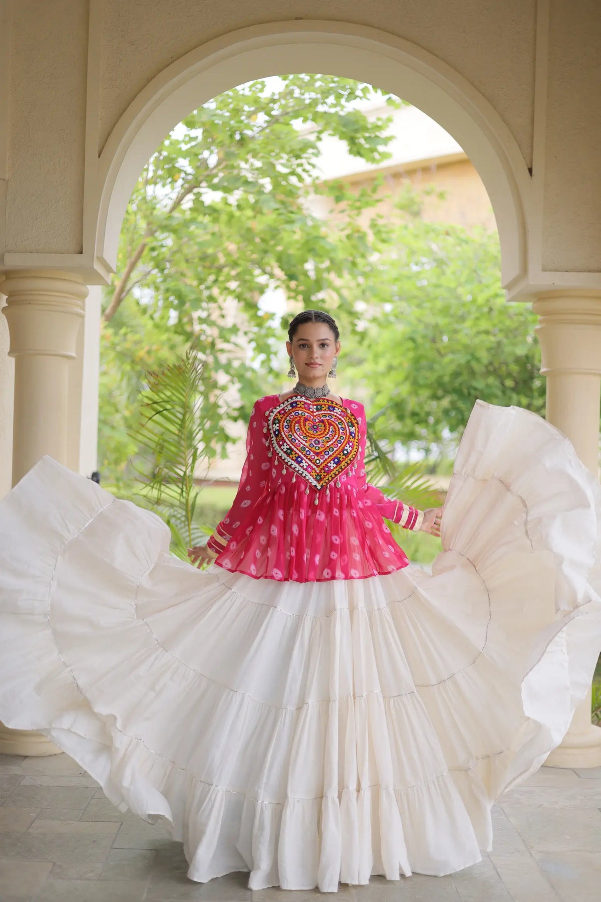 Pink-White Garba Chaniya choli With Kutchi Patch Work