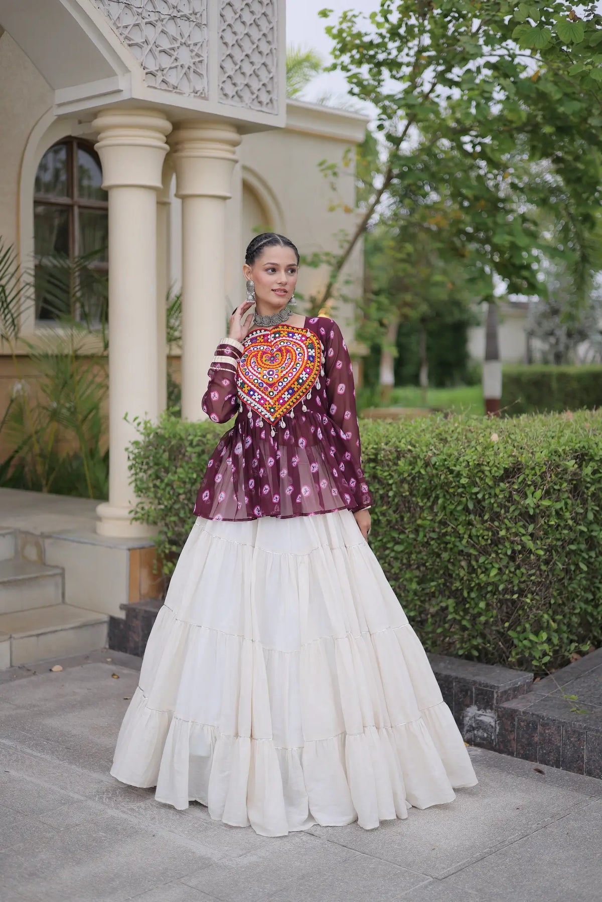 Wine-White Garba Chaniya choli With Kutchi Patch Work