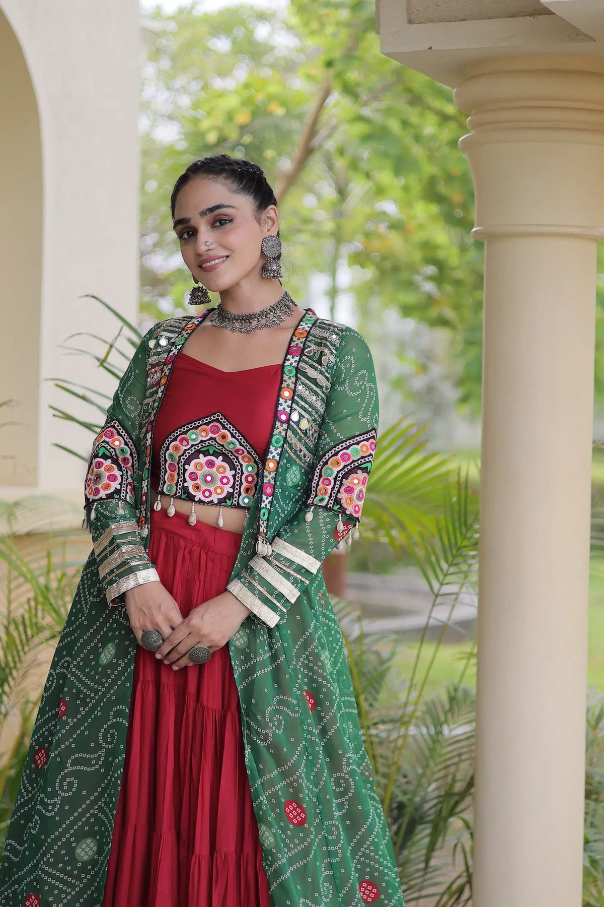 12 Meter Flair | Maroon-Green Navratri Lehenga With Patch Work Shrug