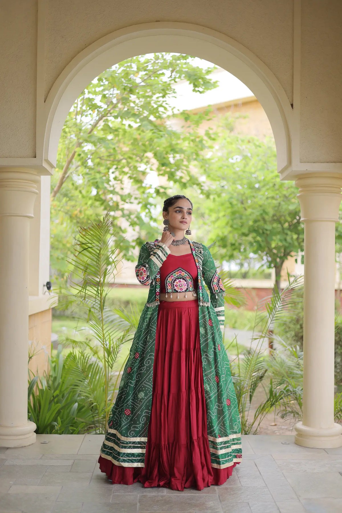 12 Meter Flair | Maroon-Green Navratri Lehenga With Patch Work Shrug